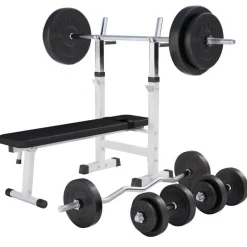 Hantelbank mit Ablage inkl, Langhantel Set Kunststoff 38/70/100 kg