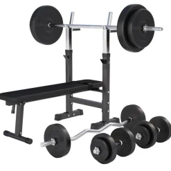 Hantelbank mit Ablage inkl, Langhantel Set Kunststoff 38/70/100 kg