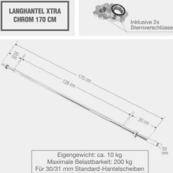 Langhantel 170 cm extra breiter Griff mit Sternverschlüssen