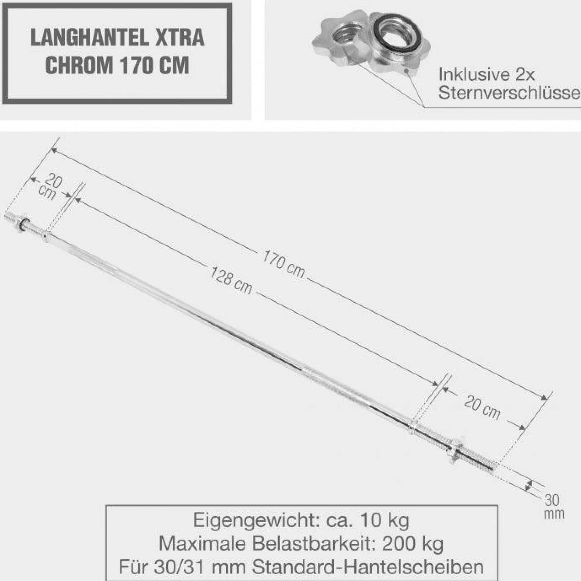 Langhantel 170 cm extra breiter Griff mit Sternverschlüssen