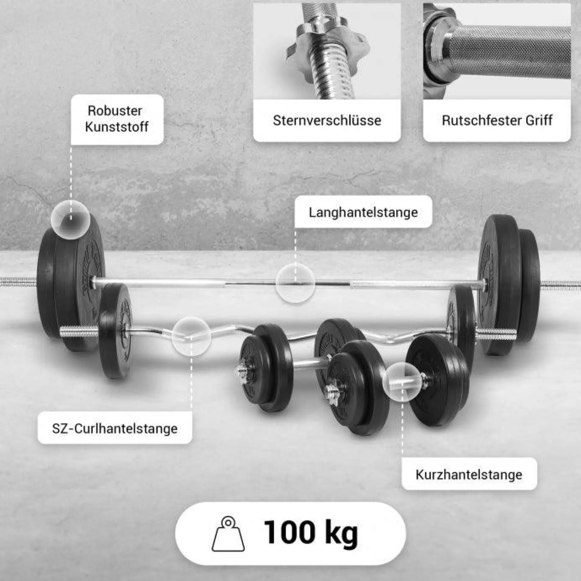Schrägbank mit separater Ablage inkl, Langhantel Set 100 kg
