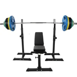 Schrägbank mit Squat Rack inkl, Langhantelset Olympia 150 kg